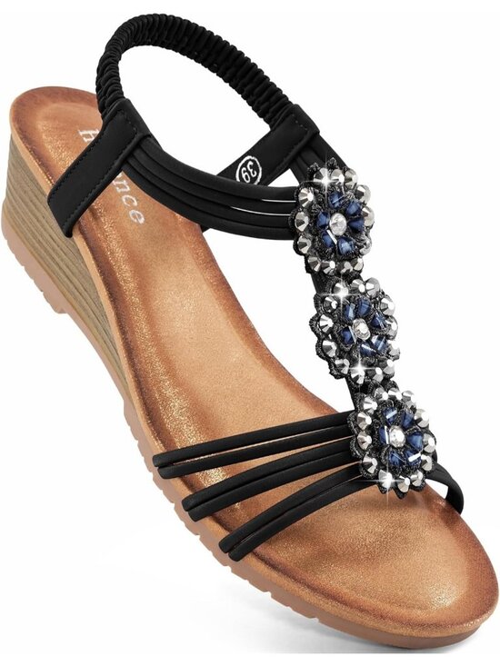 Shoes - Women's Black Floral Rhinestone Elastic Slingback Low Wedge Heel Sandals Shoes